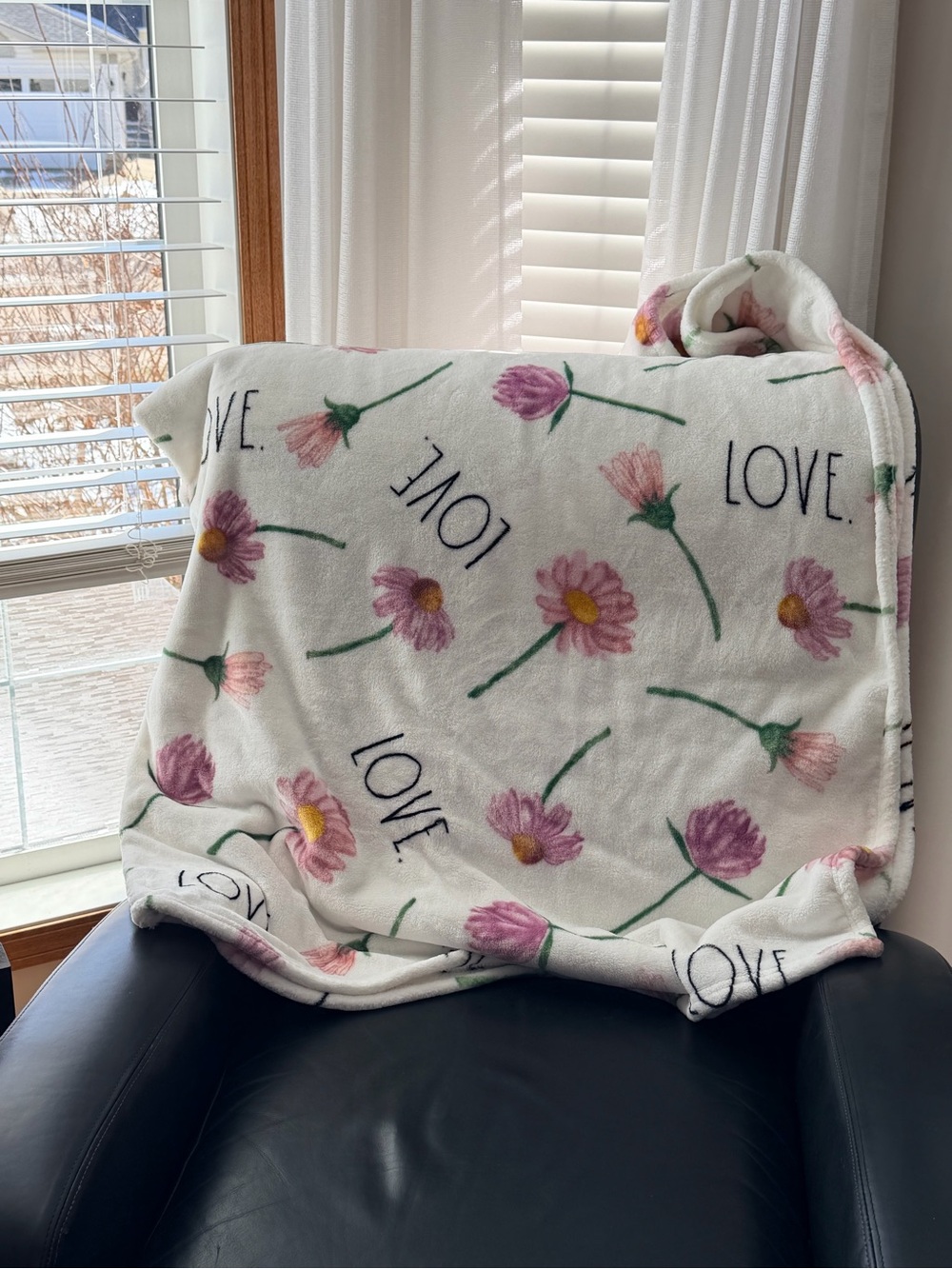 Rae Dunn White Throw Blanket with Pink Flower Print and Green Stems